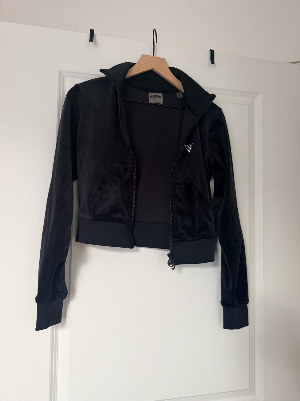 Guess Black Velvet Bomber Jacket with Crystal Logo